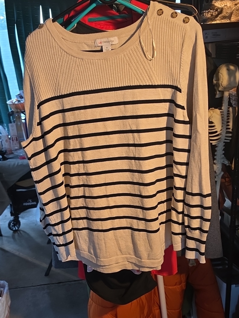 Liz Claiborne Cream & Black Striped Boatneck Sweater